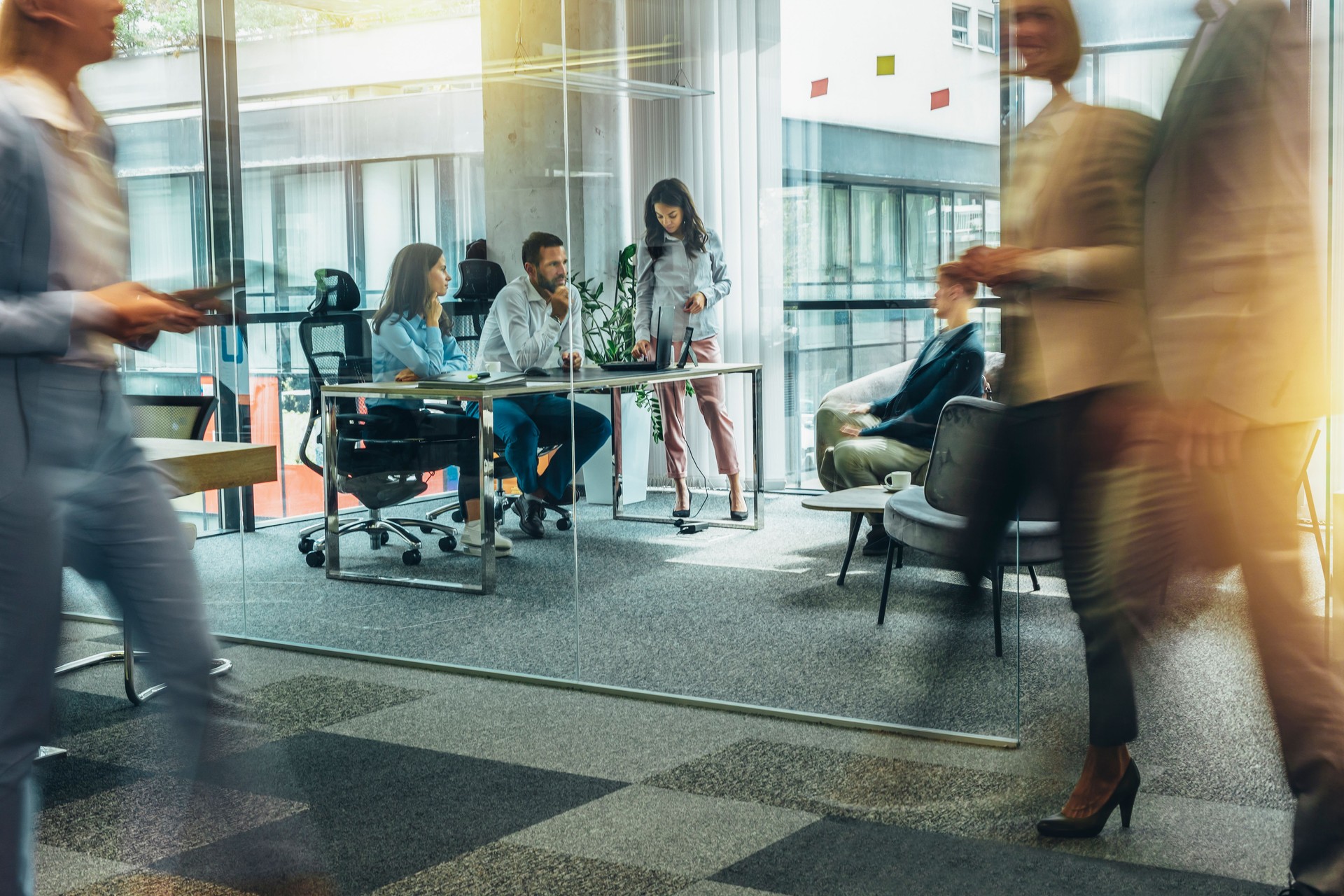 Blurred motion of businesspeople on the go